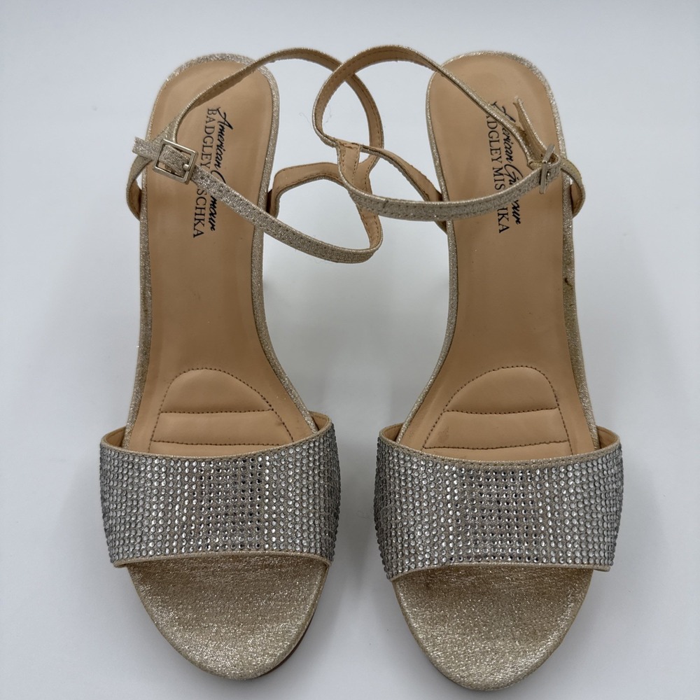 Badgley Mischka American Glamour Strappy Gold Rhinestone Embellished Heels Sz 10